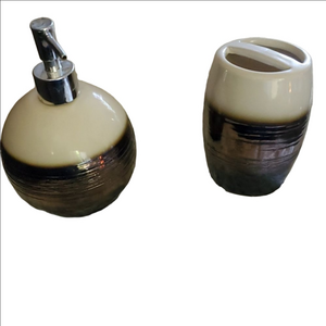 BROWN & cream ceramic soap dispenser and toothbrus